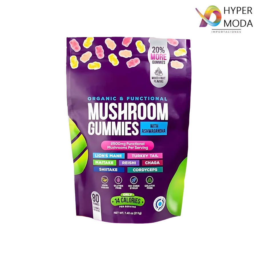 Suplemento Mushroom Ashwagandha, frasco con 80 gomas